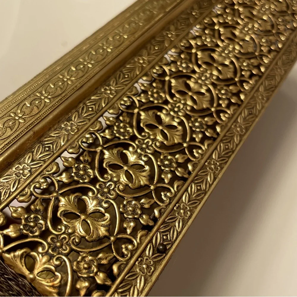 Vintage Tissue Box Holder Gold Filigree Hollywood Regency Metal